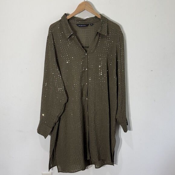 Colleen Lopez Button Front Sequin Tunic Top Size Large Embellished Olive Green - Picture 2 of 9
